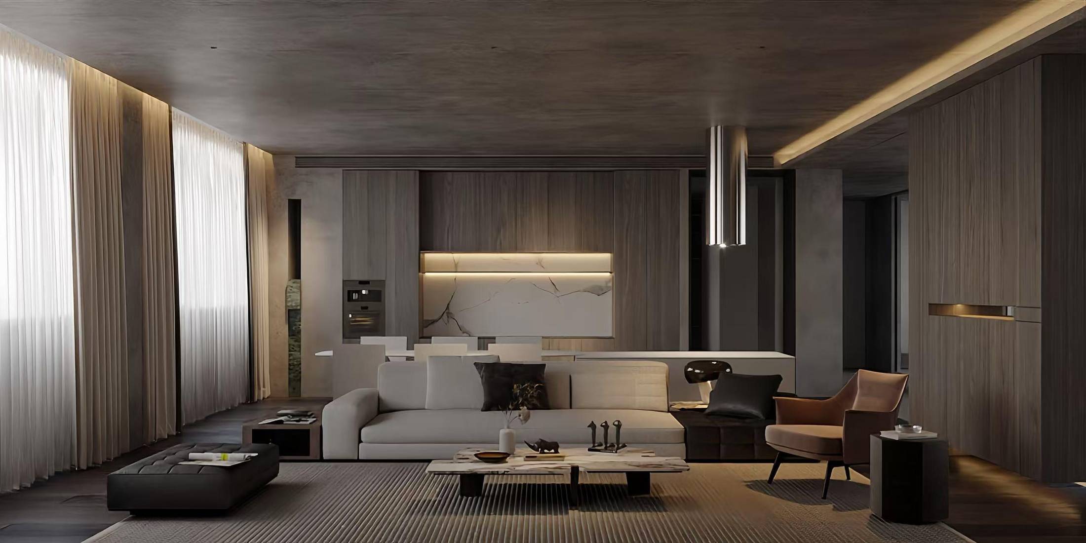Living and dining room with smoked timber walls, concrete ceiling and linear lighting