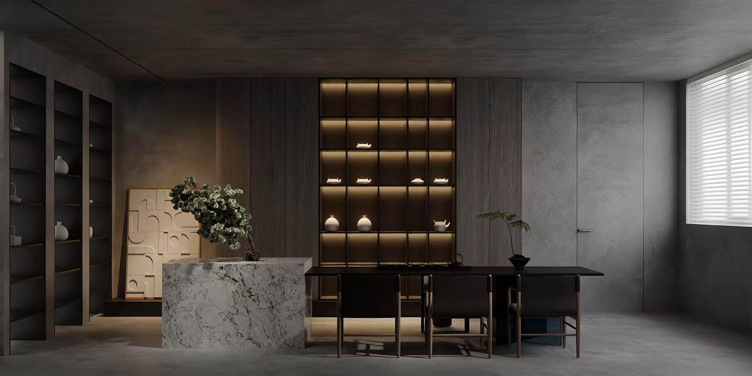 Dining area with marble counter and back-lit shelving in smoked timber