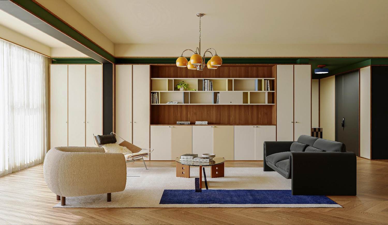 Living room with herringbone floor, red-panelled shelving and a blue rug